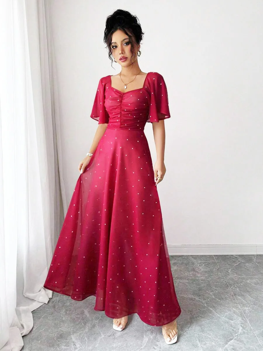 Abito lungo rosso stile francese dolce da donna con stampa a pois, maniche a pipistrello e cerniera posteriore