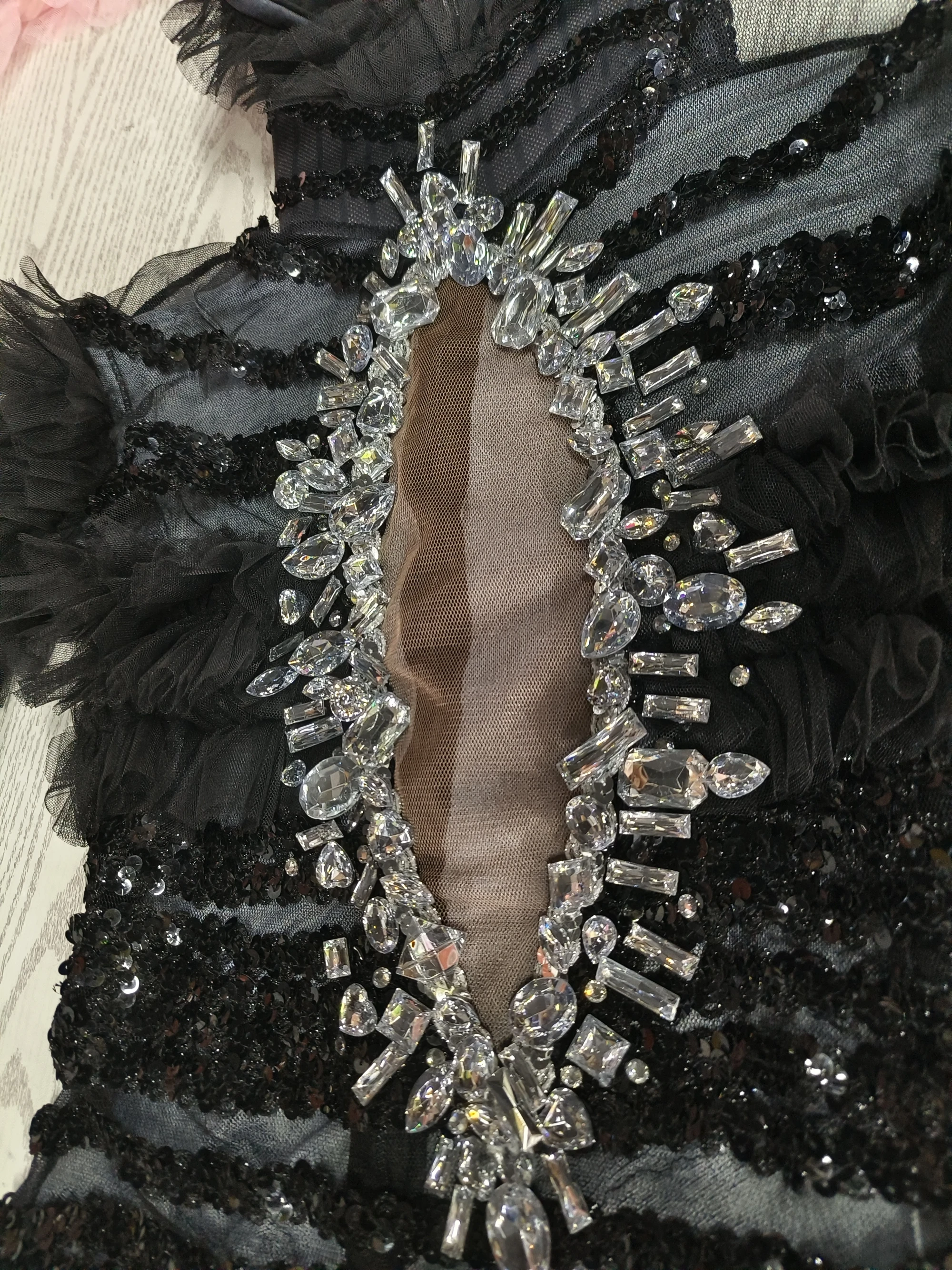 Sparkly Rhinestones Black Mesh TransparentFull-length Dress Women Evening Prom BirthdayDress Sexy Performance Stage Wear B158