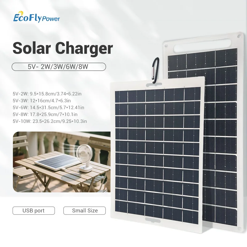 Carregador Solar USB 5V 2W/3W/6W/8W/10W, Painel Fotovoltaico, Carregador de Emergência para Celular, Ventilador e Power Bank - Essencial para o Ar Livre