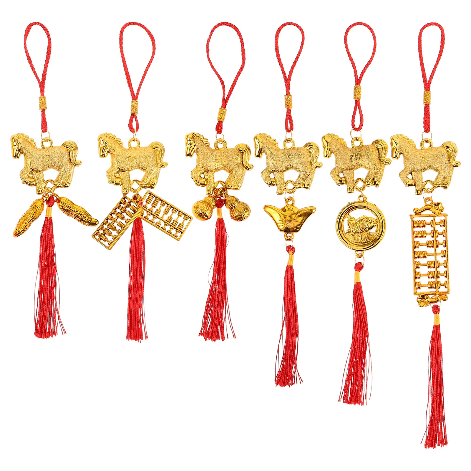 6pcs Chinese New Year Horse Statues with Red Tassels – Festive Spring Festival Hanging Decor for Home & Office