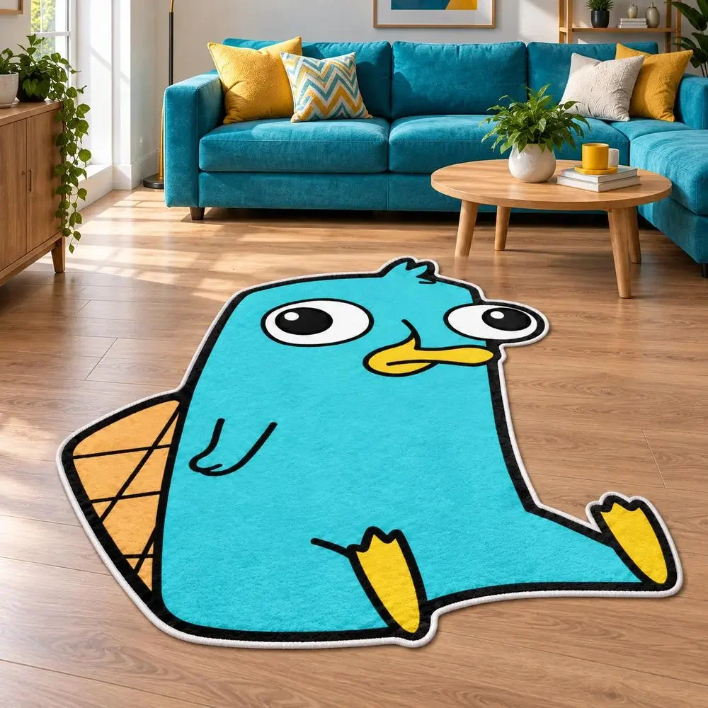 Turquoise Cartoon Platypus Shaped Area Rug, Soft Flannel Floor Mat for Bedroom, Living Room, Entryway, Office and Home Decor