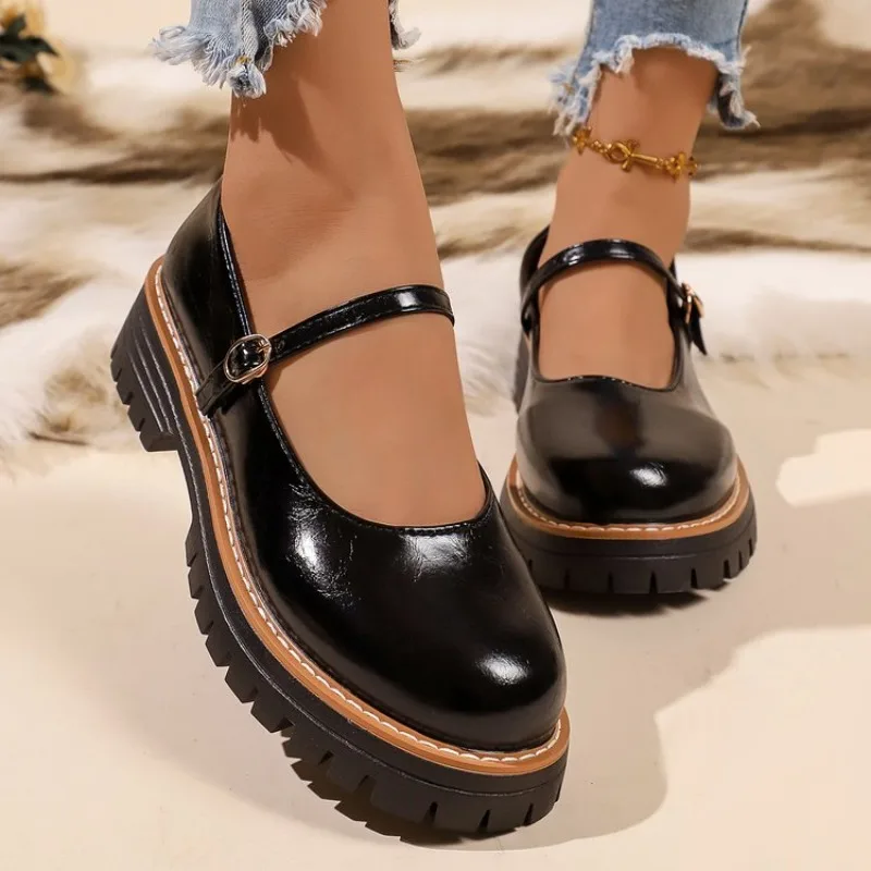 Women's Mary Jane Shoes Round Toe Flat Platform Sole Patent-Look Finish Daily Casual Adjustable Strap Sturdy Walking Footwear