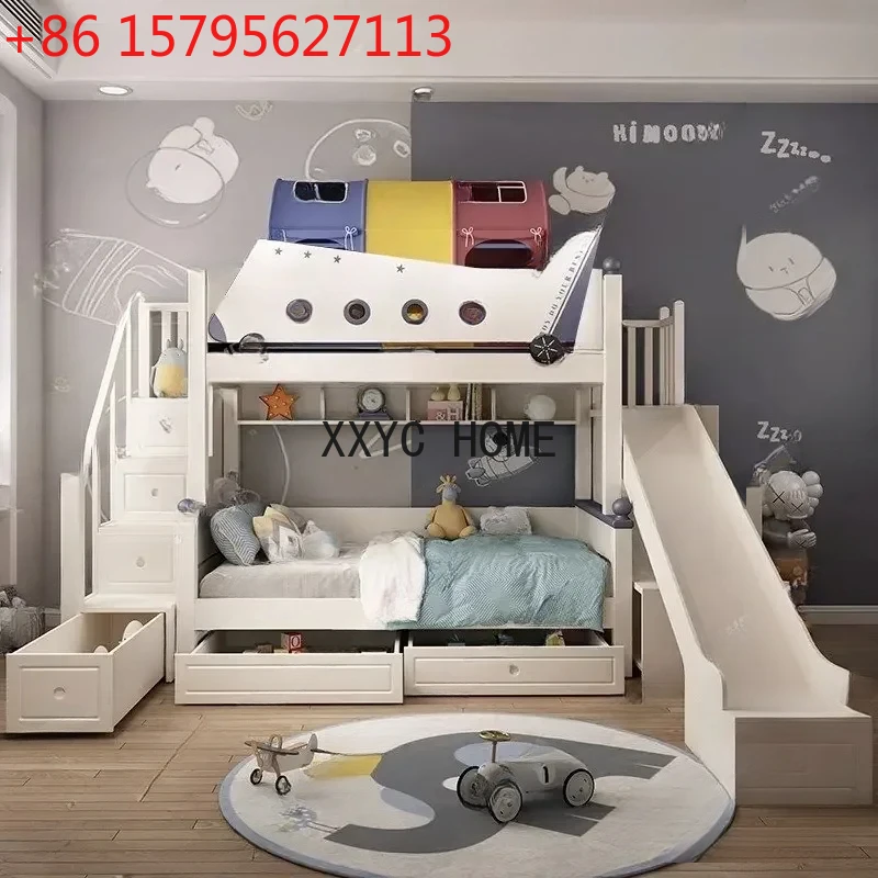 Two-Story  Bunk Small Apartment Bunk Solid Wood Sliding Ladder Double Upper and Lower Bunk Cartoon Aircraft