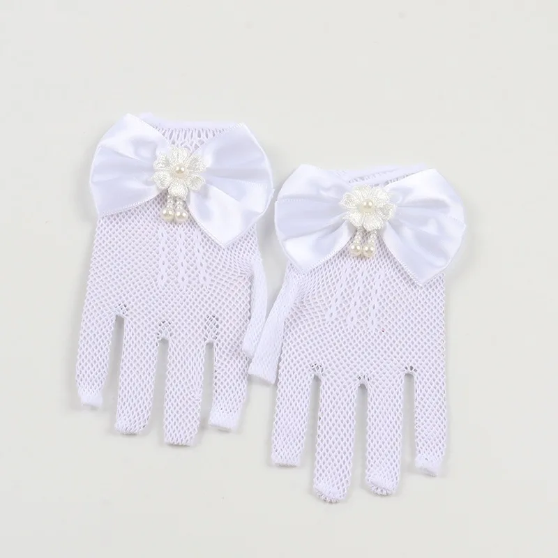 قفازات شبكية رفيعة صيفية للفتيات - قابلة للتمدد وقابلة للتنفس، على طراز الأميرة بعقدة فيونكة. مثالية للعروض، تصميم إصبع مرن.