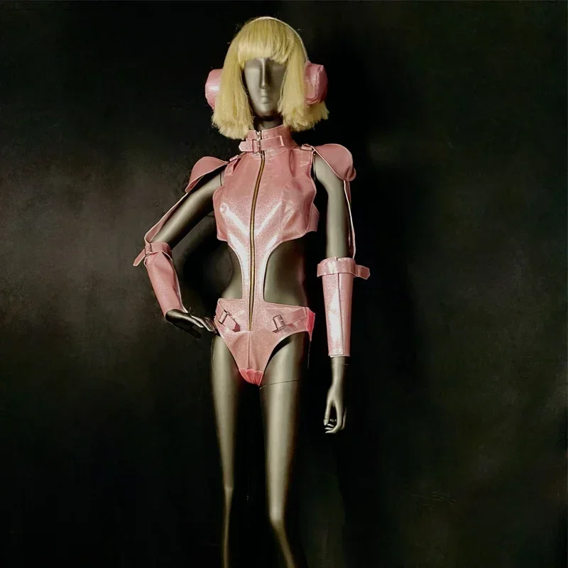 섹시한 핑크 가죽 바디수트 무대 의상 바 나이트클럽 가수 댄서 고고 코스튬 클럽 파티 쇼 레이브 페스티벌 의류