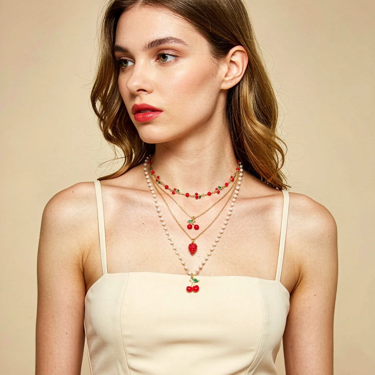 Rote Kirsche Erdbeer-Simulationsperlen-Halskette für Damen und Herren, mehrschichtig, Keramikblume, Schleife, Herz, Baum, Choker, Hochzeitsschmuck – Detail 5