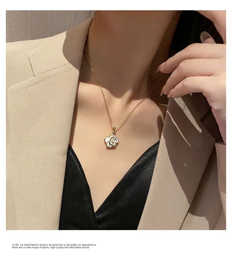 Französische romantische elegante weiße Emaille-Kamel-Kamel-Blumen-Anhänger-Halskette 2025, Damen-Modeschmuck, Luxus-Accessoires für Mädchen – Detail 8