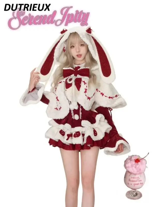 Autumn Winter Girl Christmas Strawberry Plush Rabbit Ear Cape Bow Red Dress Sets Fashion Sweet Cute Two-piece Set for Women