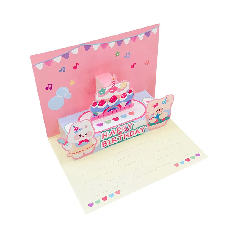 Kawaii 3D Bear Bunny Greeting Card Birthday Paper Message Pop-Up Greeting Cards Postcards Gifts Paper Art Kids Gift