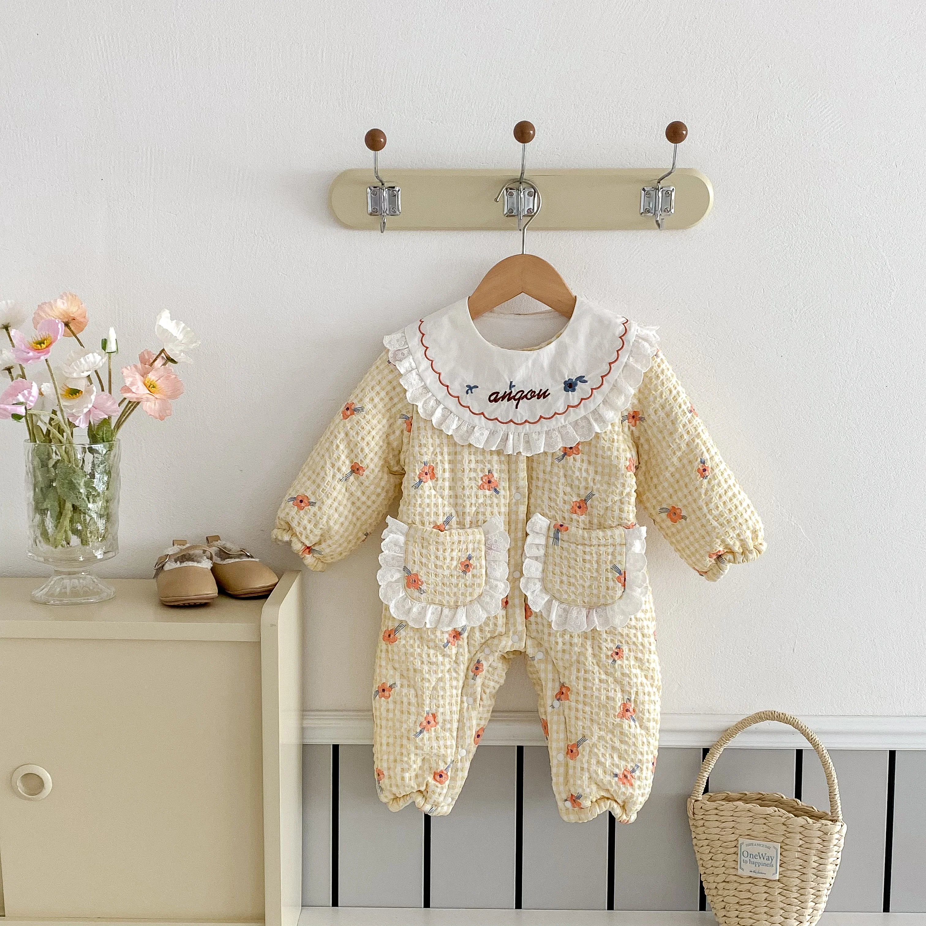 Winter Warm baby Romper with Fleece Lining, Korean Style Infant Winter Outfit, Cozy Cotton Dress for Girls