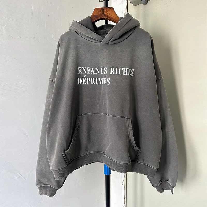 24FW Heavy Fabric Classic Logo Print Enfants Riches Deprimes Hoodie Men Women Oversized Vintage Washed Gray ERD Pullovers