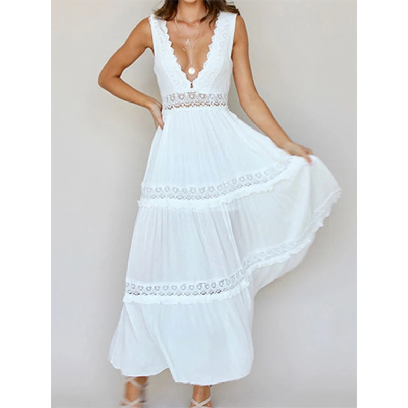 Elegancka damska letnia sukienka Bohemian Lace Patchwork White Long Dress V Neck Sexy Sleeveless Maxi Dresses Lady Vestidos Femme Платье