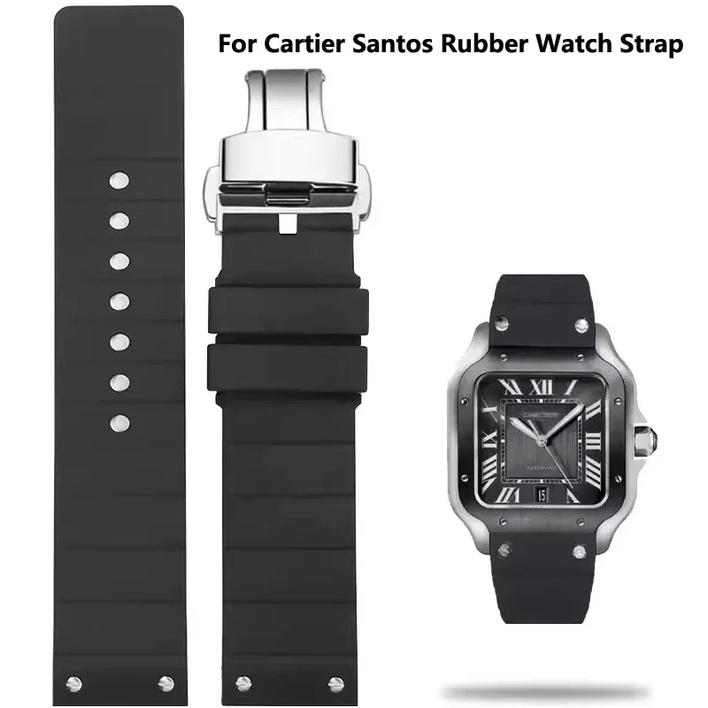 High Quality Silicone Watchband for Cartier Santos W20121U2 Series Waterproof Watch Strap Rubber Men and Women Black Belt 23mm