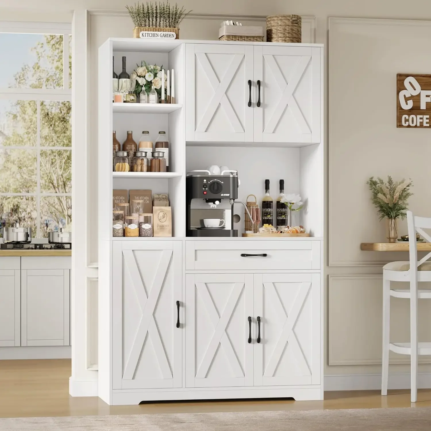 [Prezzo scontato! ] Armadietto portaoggetti per dispensa da cucina alto 71", armadietto per dispensa per alimenti in fattoria con supporto per microonde, cucina con porte per fienile