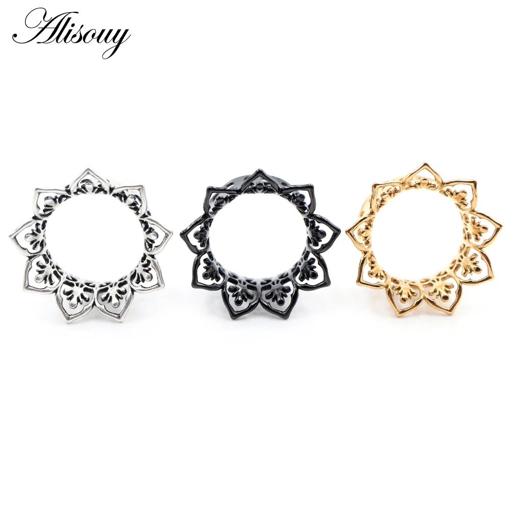 Alisouy 2PCS Alloy Casting Hollow Sun Flower Flared Ear Tunnels Plugs Expander Stretcher Gauges Earrings Piercing Body Jewelry