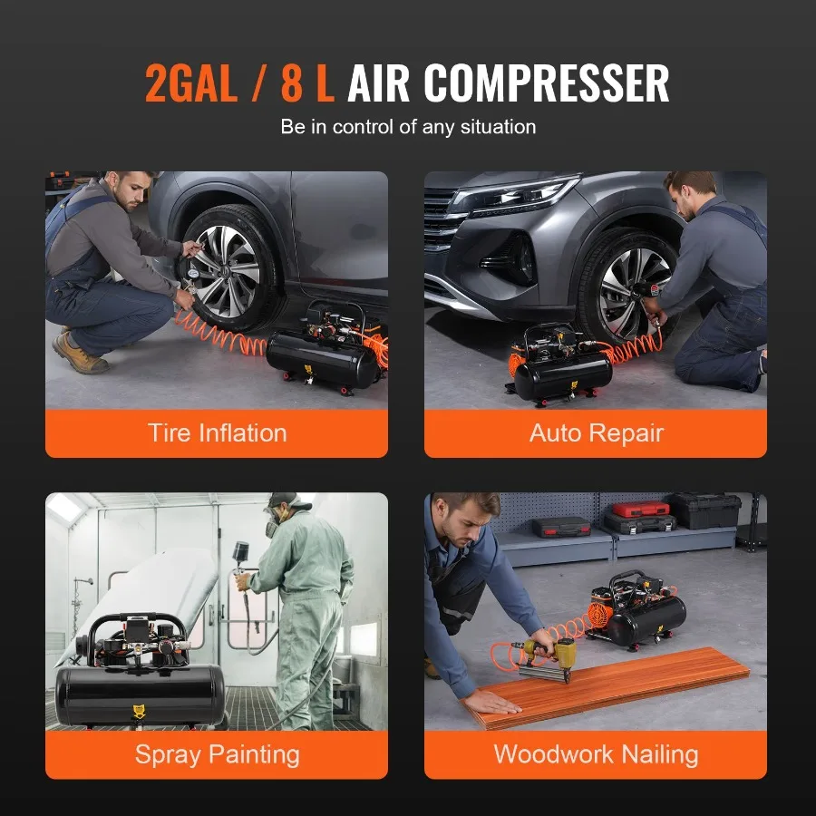 2 Gallon Steel Tank 1HP 2.1 CFM 8bar Oil Free Air Compressor 120PSI Max Pressure 81dB Ultra Quiet Portable Compressor for Auto