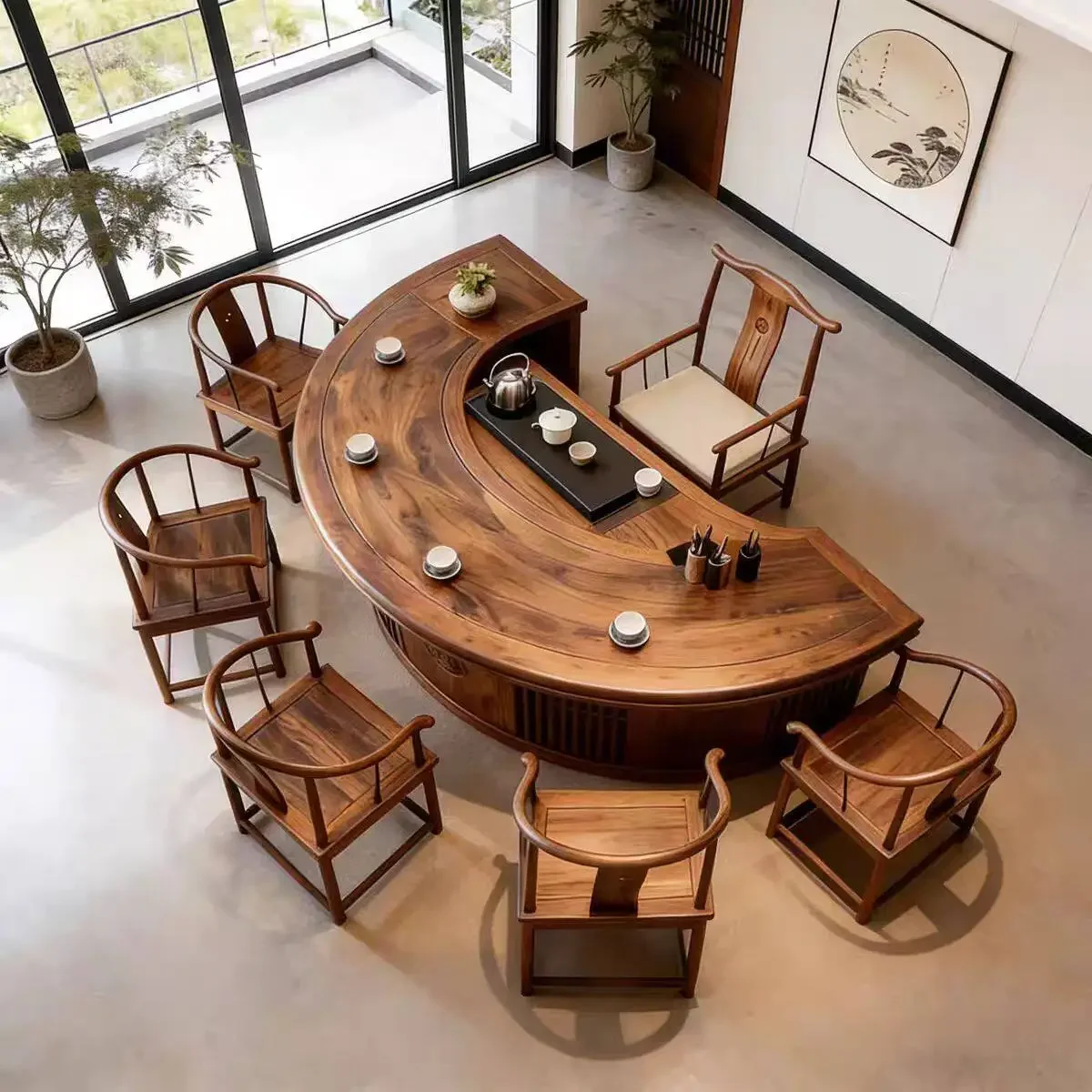 Leisure Black Walnut Tea Table and Chair Combination Zen Song Style Aesthetics Ash Wood Hotel Homestay Office Tea Table
