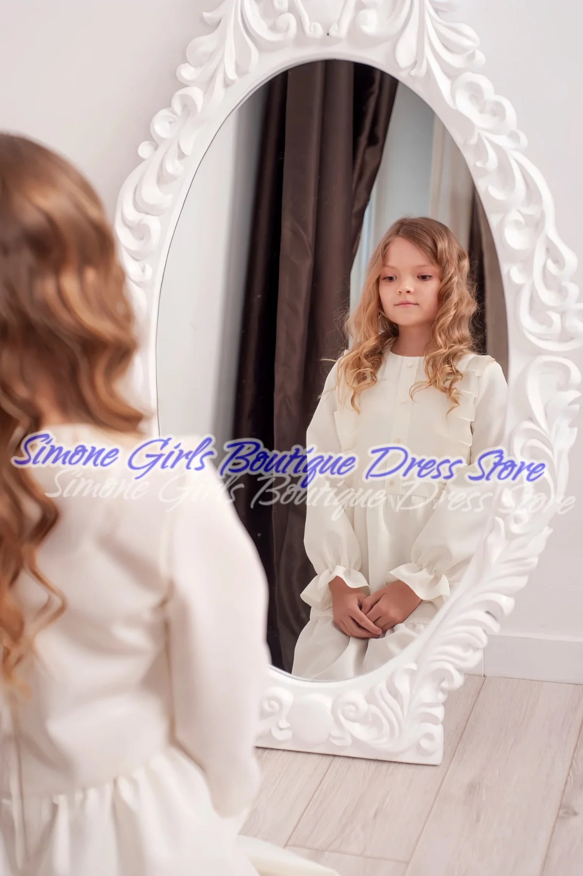 Faldas blancas hasta el tobillo Mangas largas Cuello redondo Vestido de niña de las flores para la primera comunión Recepciones formales Fiesta de celebraciones navideñas