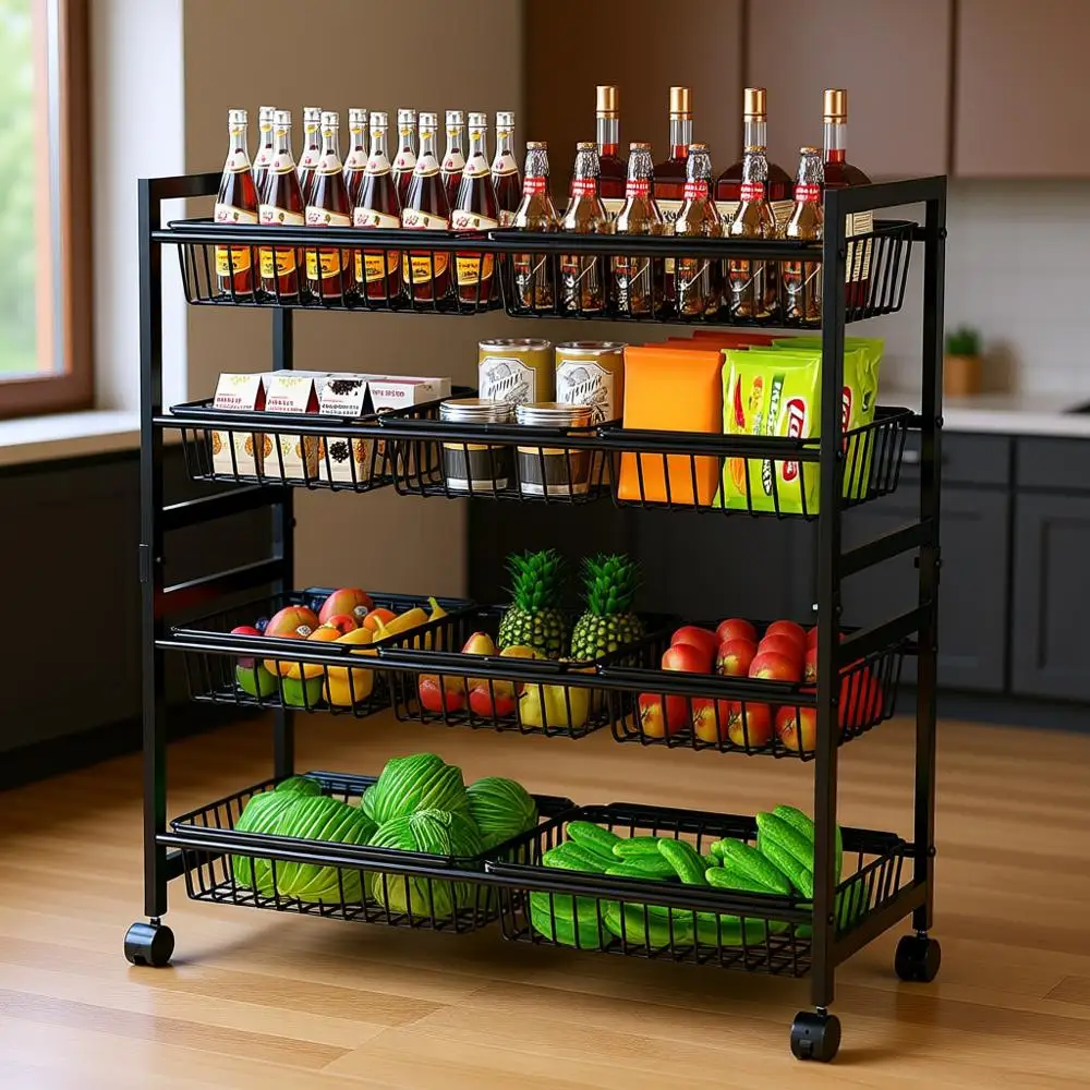 

4-Tier Adjustable Rolling Pantry Storage Cart with 10 Baskets, 29 Metal Kitchen Organizer for Snacks, Fruits, and Vegetables (Bl
