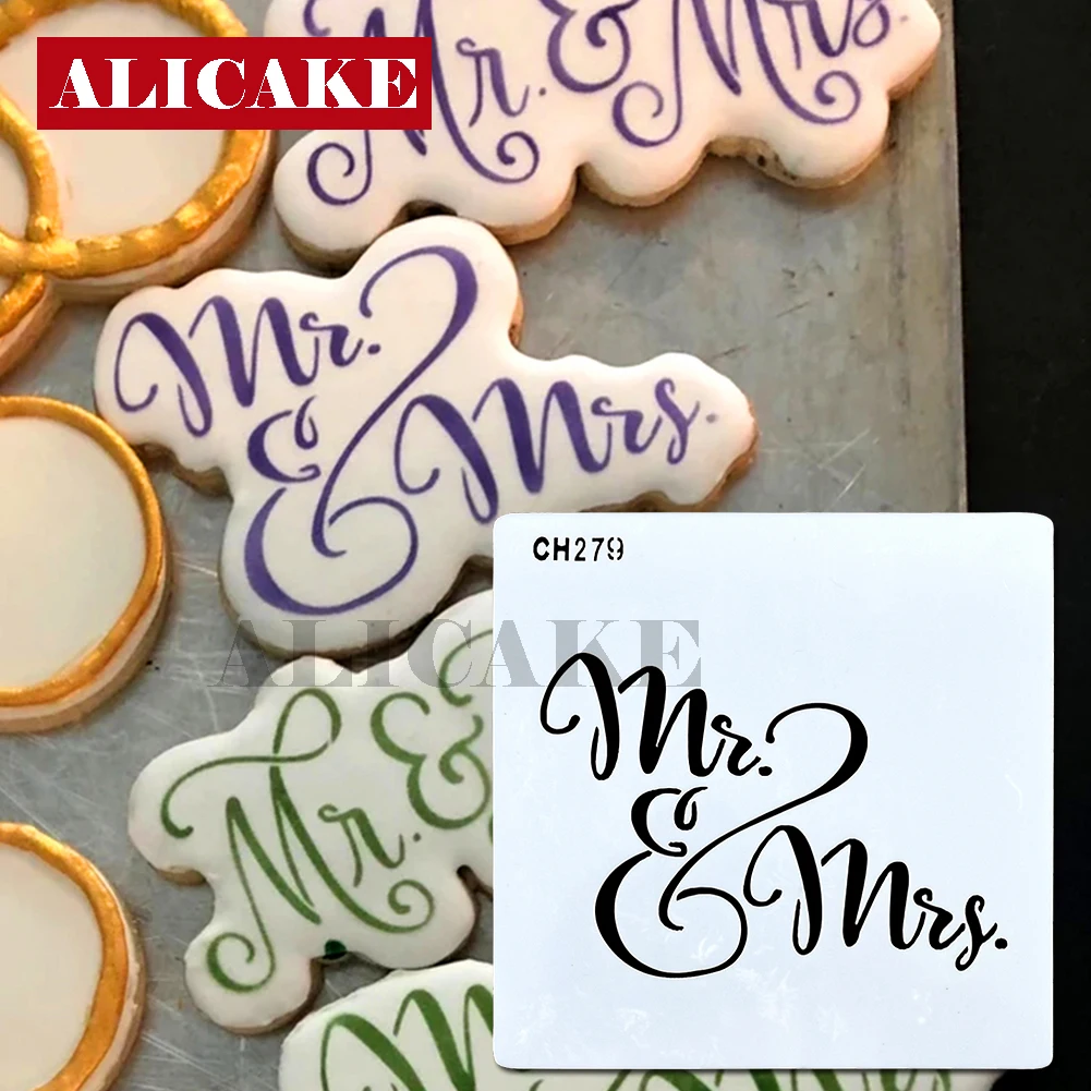 Mr. and Mrs. With Laurel Wreath Cookie Stencil |Wedding Cookie Stencil | Cake Stencils Template DIY Drawing Mold Tools Pastry