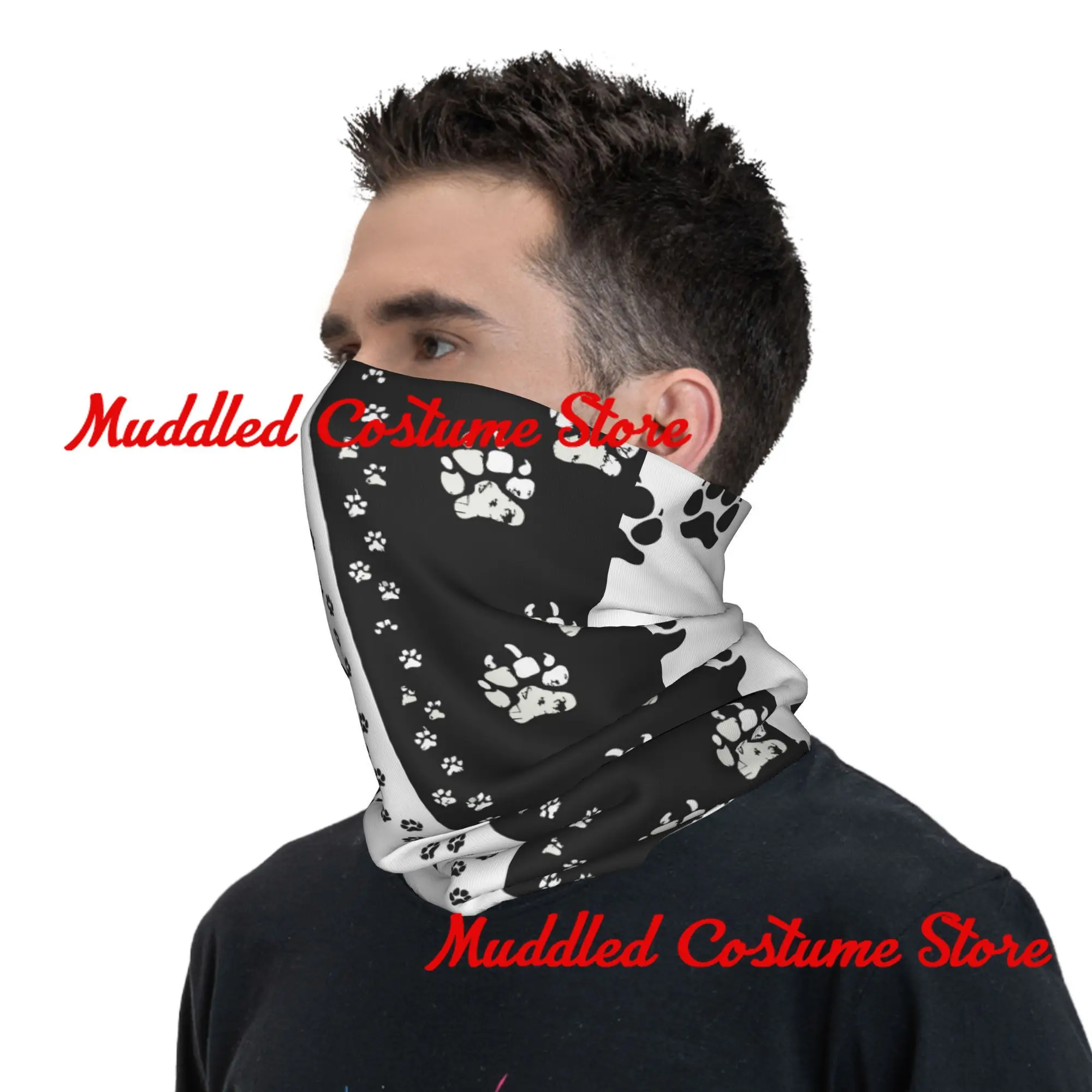 Zwart Wit Hond Pootafdruk Bandana Winter Nekwarmer Dames Winddichte Wrap Gezichtssjaal voor Wandelen Dierenbeenkap Hoofdband