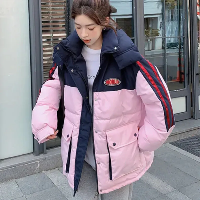 Down Cotton Jacket Women Turtleneck Hooded Oversize Thickened Warm Outwear Patchwork Zipper Padded Winter Parkas Tops