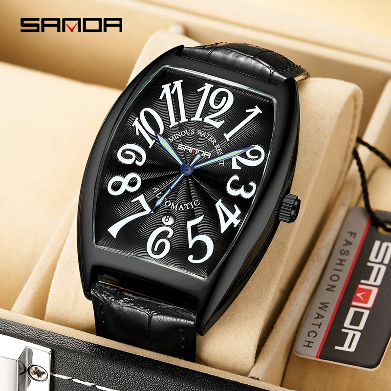 

SANDA Brand Classic Leather Mechanical Watches Barrel Dial Design 2023 New Fashion Men Watch Waterproof Relogio Masculino 7021