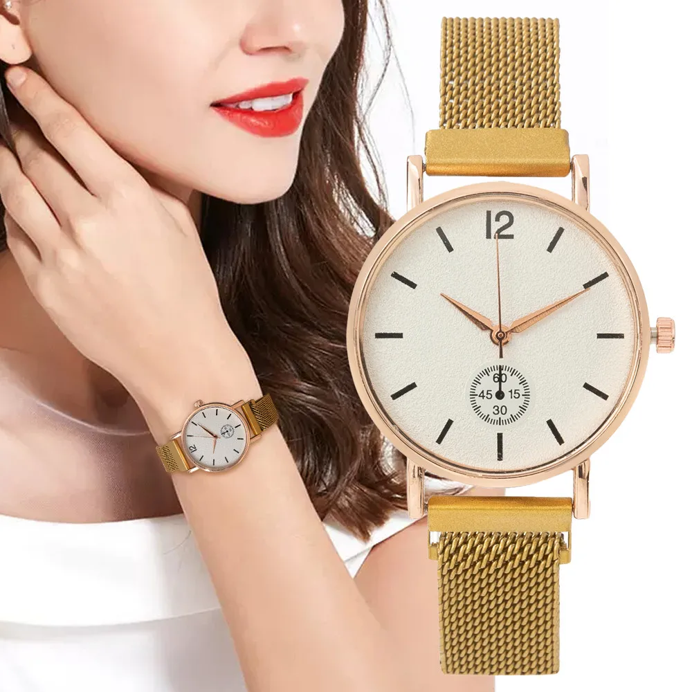 

Womens Fashion Brand Ladies Quartz Watch Simple Studded Numbers Stainless Steel Magnetic Wristwatch without Buckle