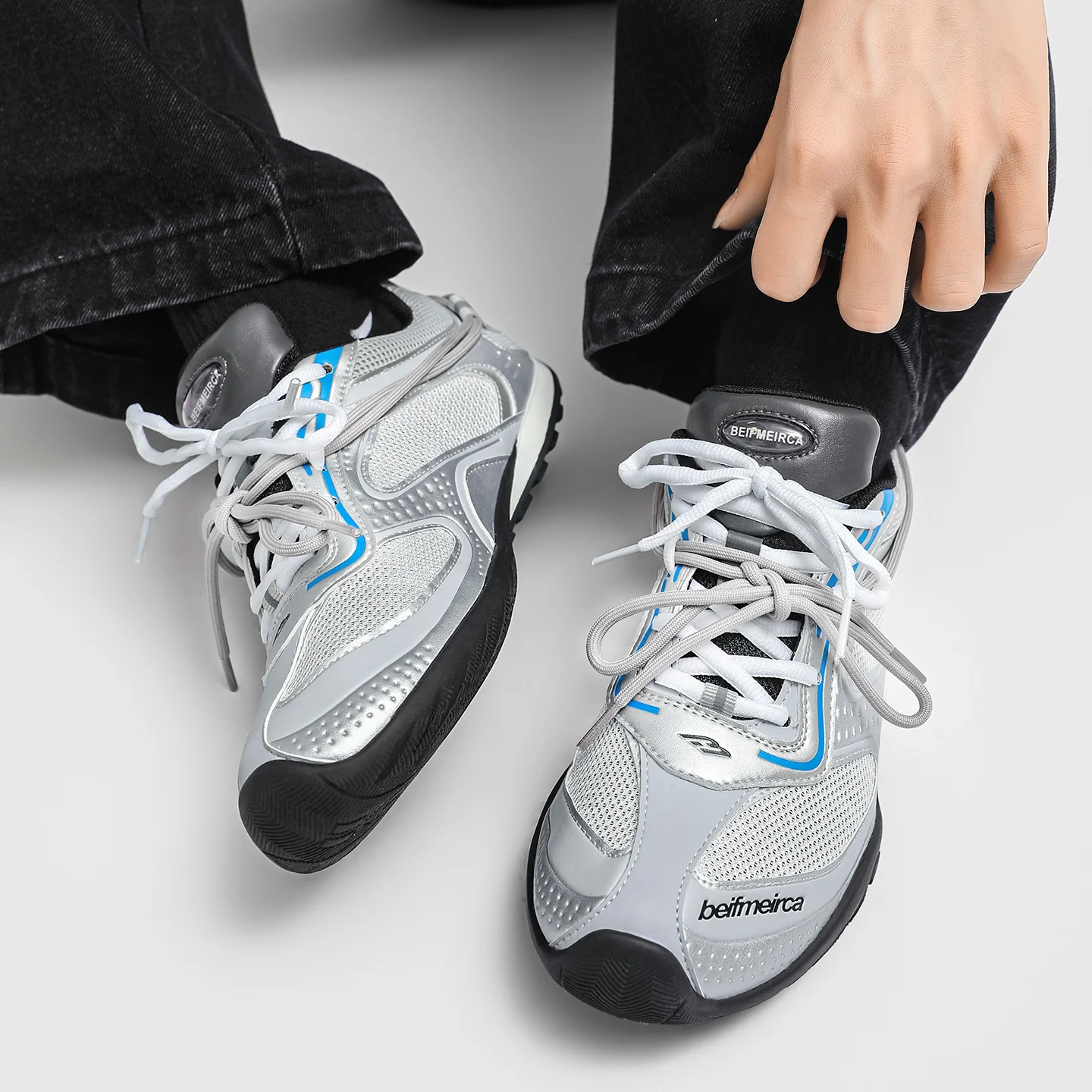 

Men's Silver Grey Mesh Sneakers Breathable Lightweight Running Shoes Blue Accents Casual Sport Trainers Comfortable Walking Shoe