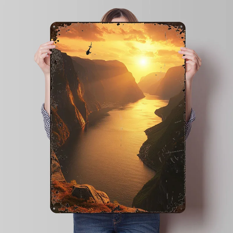 ملحقات شريط ملصق معدني للمناظر الطبيعية من Sunset Fjord لديكور المنزل، علامات قصدير معدنية قابلة للتخصيص لتزيين جدران الفن القديم
