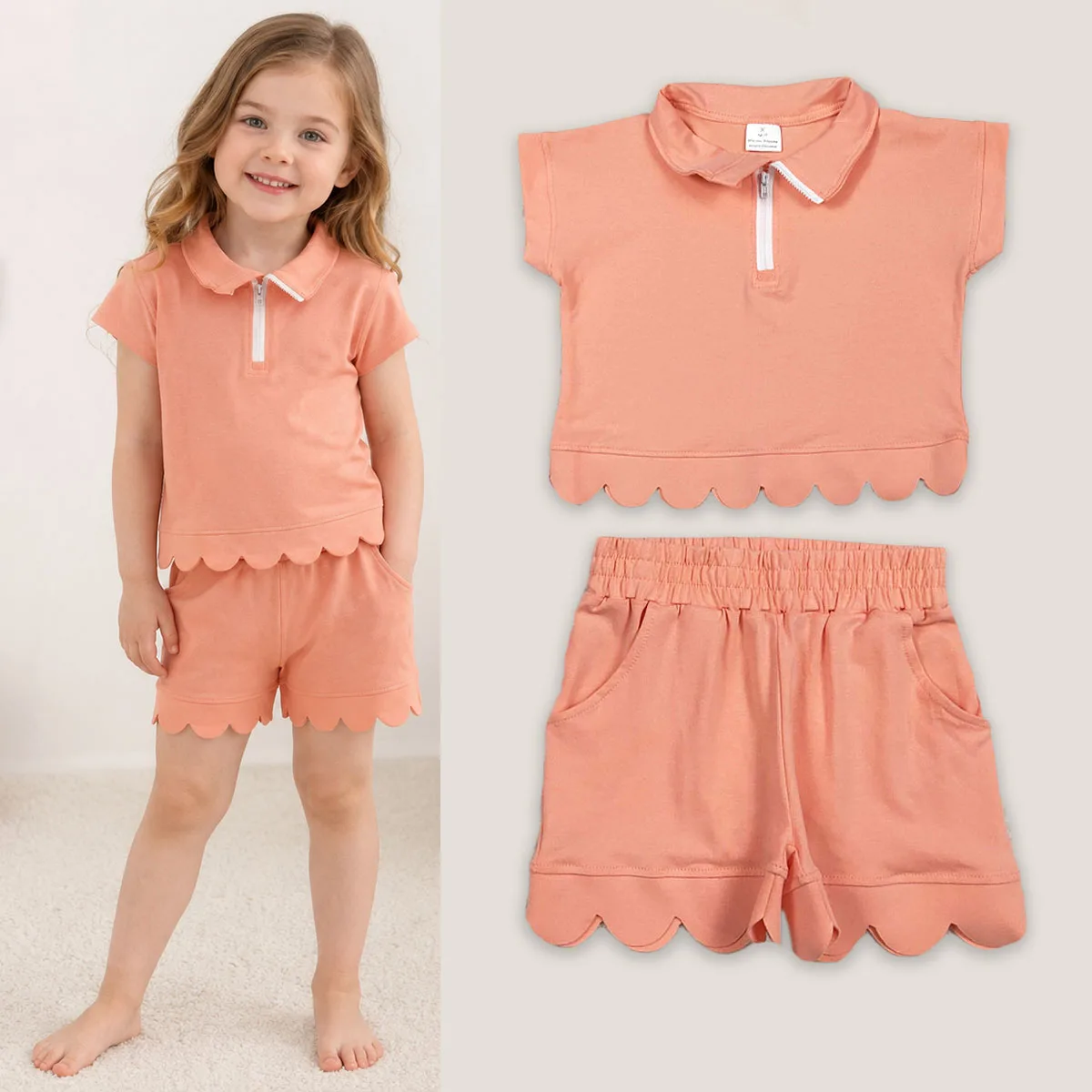 Toddler Baby Girl Peach Zipper Scallop Pullover Top Girl Pockets Shorts Checked Set Cute Kids Pajamas Outfits Children 2Pcs Sets