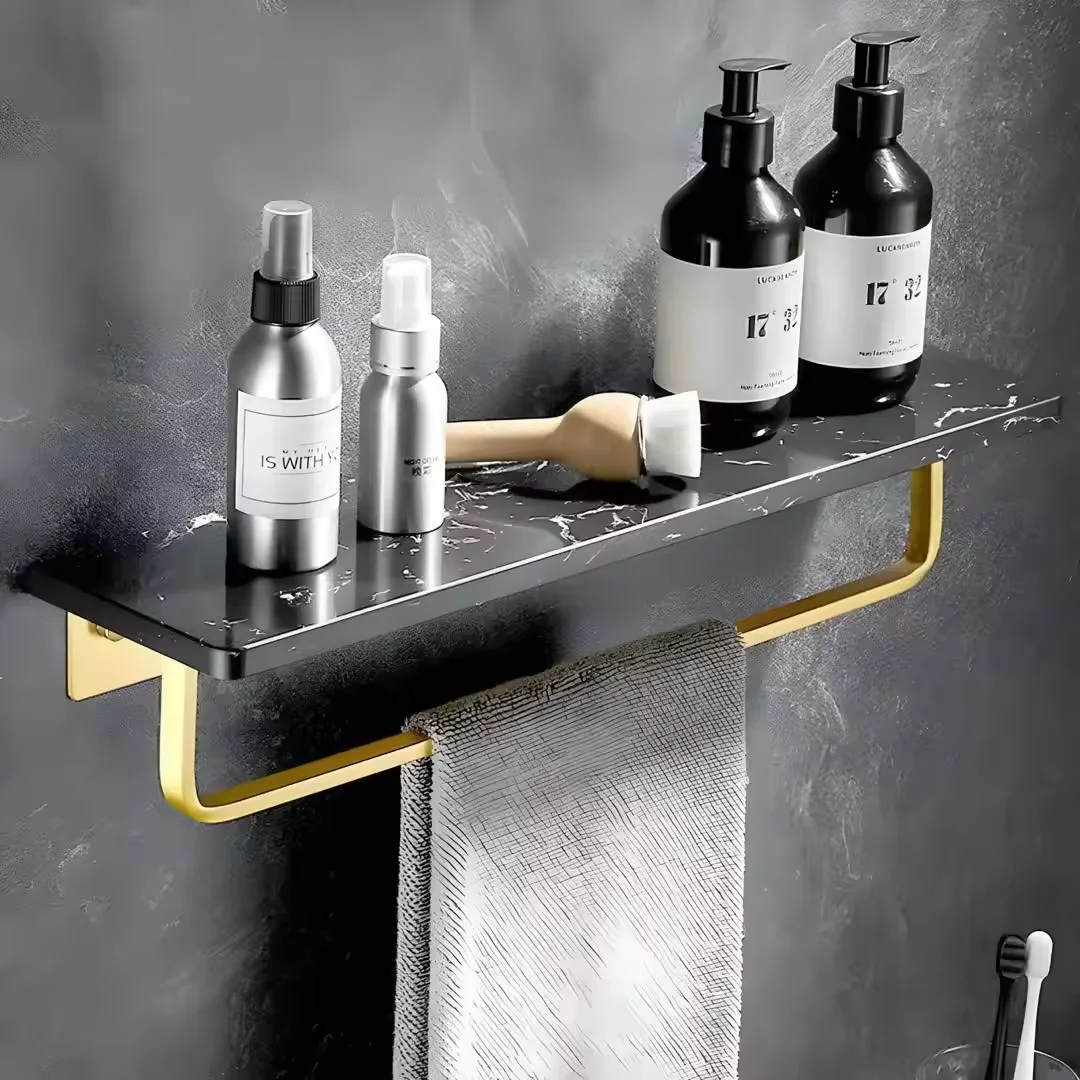 

Modern Luxury 30CM Marble Stainless Steel Shower Shelf Rustproof Marble Bathroom Shelf