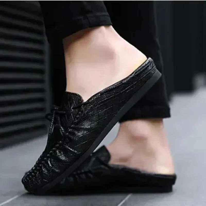 Summer Men Shoes Casual Fashion Mens Loafers Genuine Leather Half Slipper Breathable Slip on Lazy Driving Shoes Men Moccasins