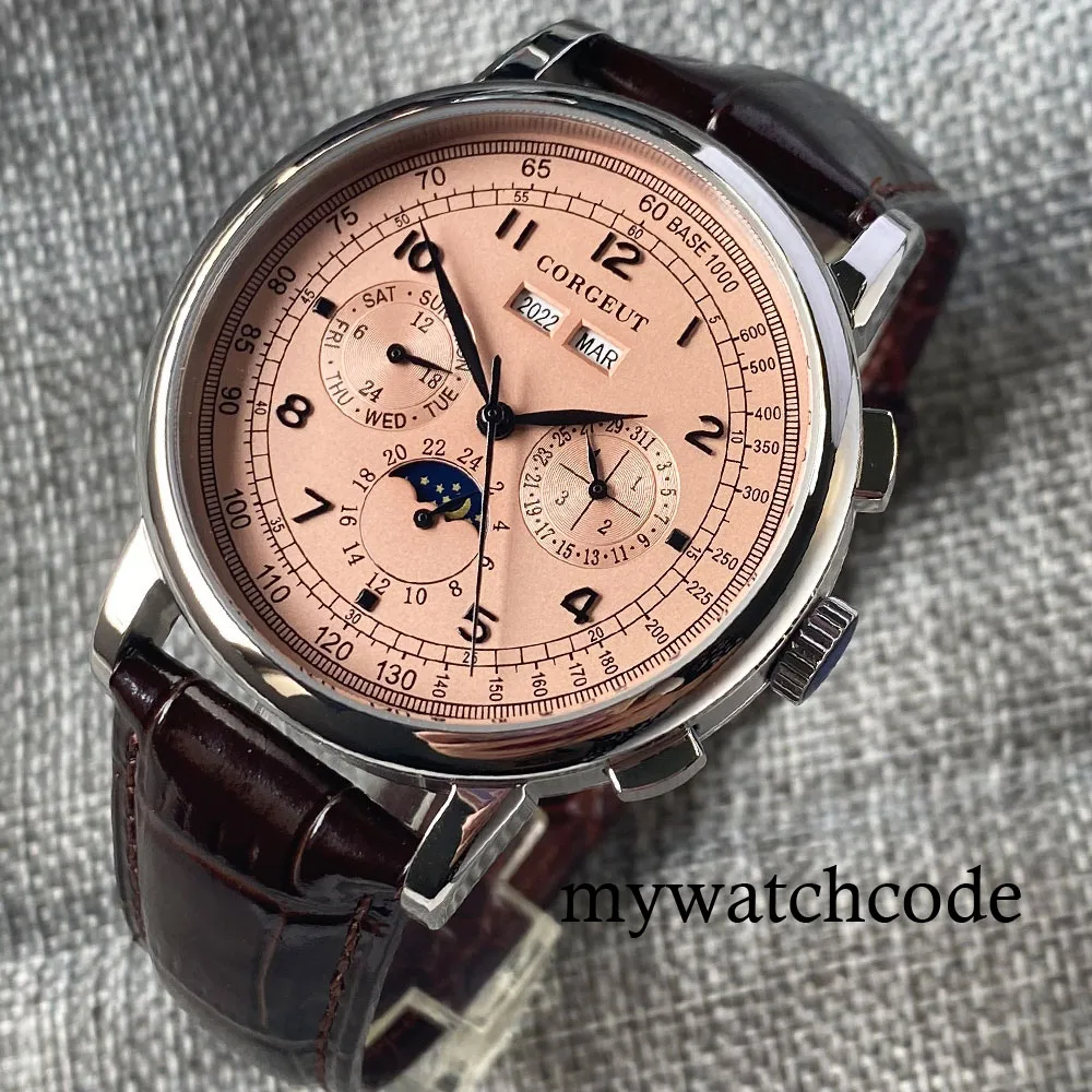 Corgeut Grün/Rosa/Weiß/Schwarz/Blau 42 mm multifunktionale ST1655 polierte automatische Herrenarmbanduhr mit Lederarmband 7