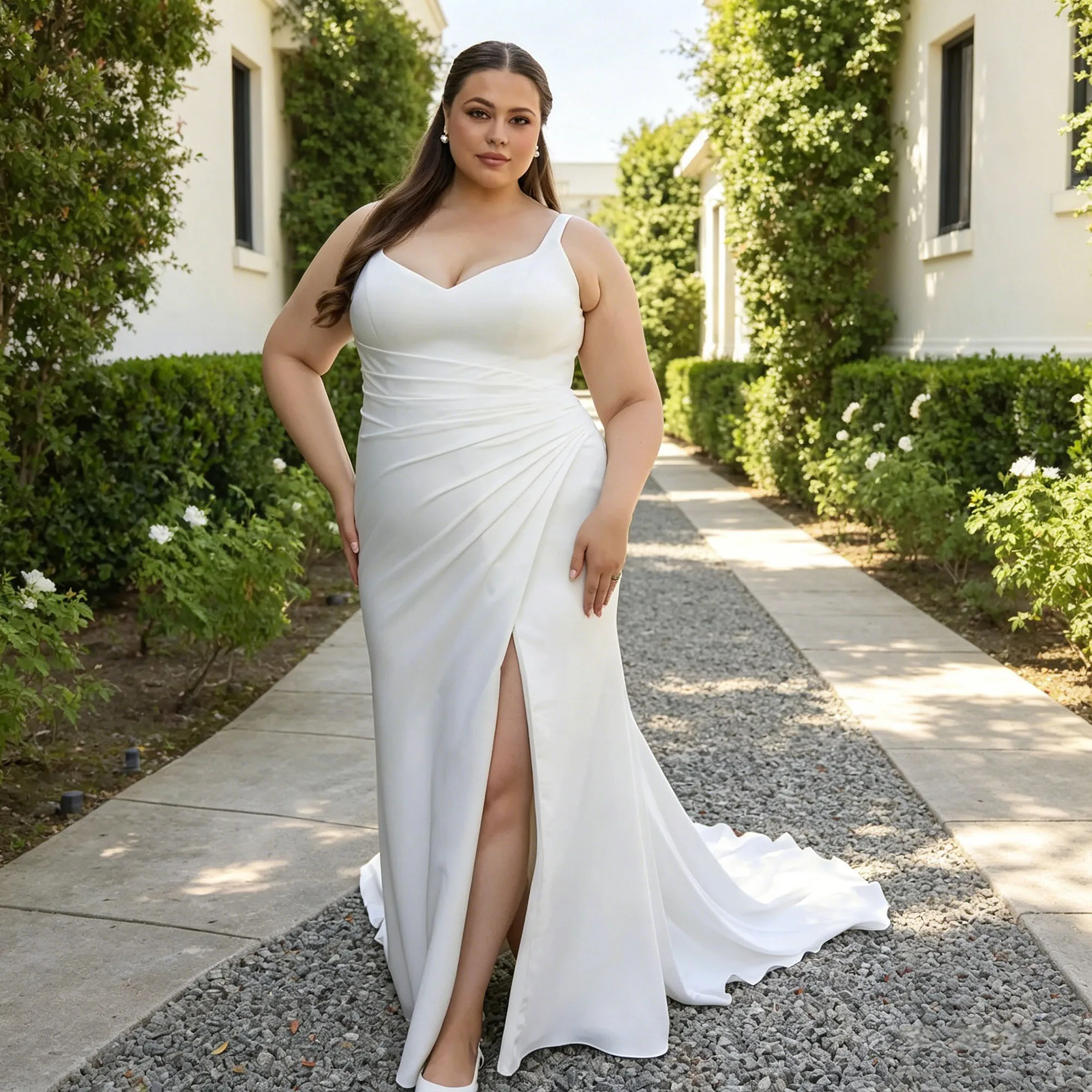 

Mermaid Satin Wedding Dresses For Plus Size Women Backless Button Back Pleated Bride Gowns Slit Sweetheart Bride Gown Customized