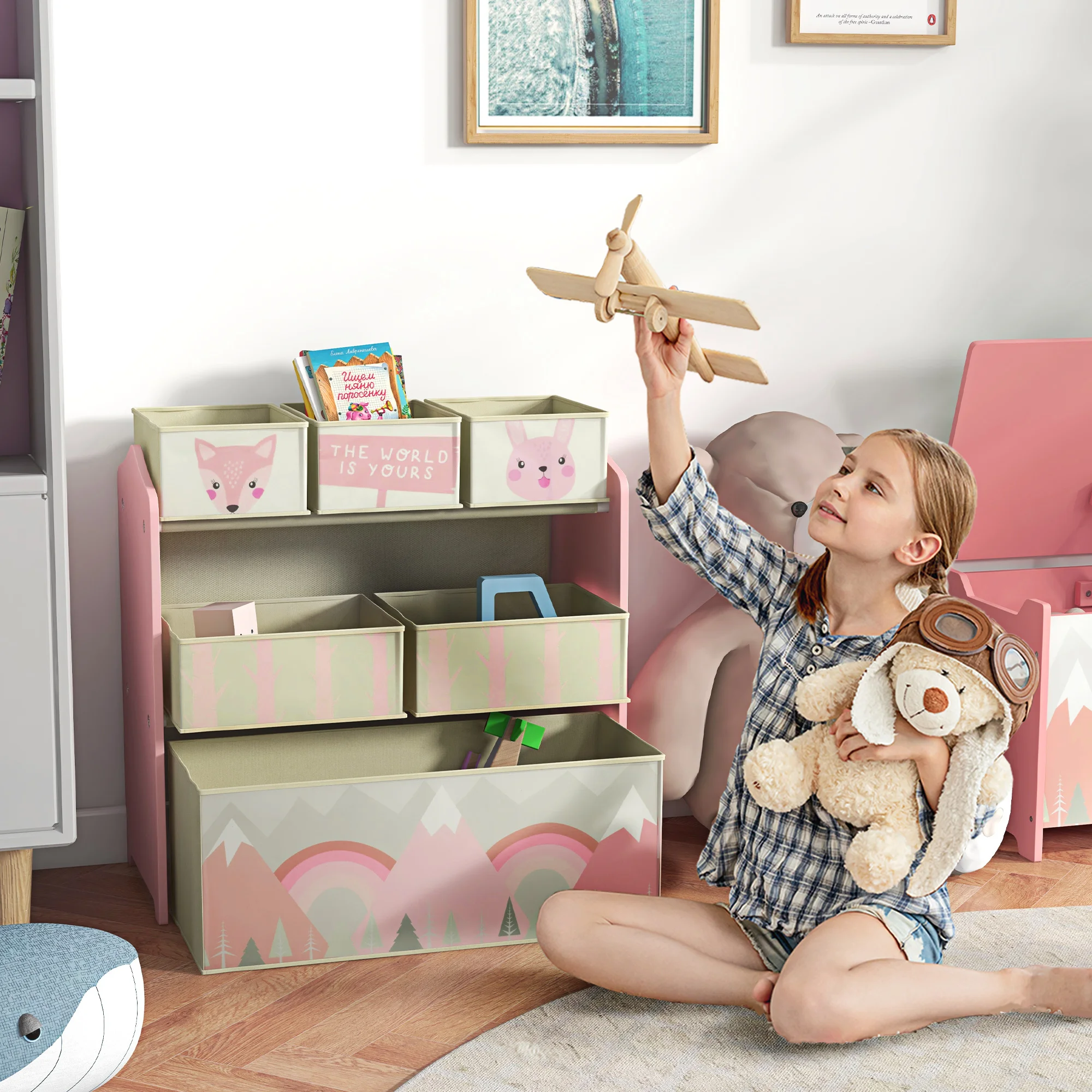 Zonekiz Kinder Speelgoedopbergkast met 6 Verwijderbare Vliesdoekmanden, Boekenplank en Organizer voor Speelkamer, Kinderkamer en School, 63 X 30 X 66 Cm, Roze