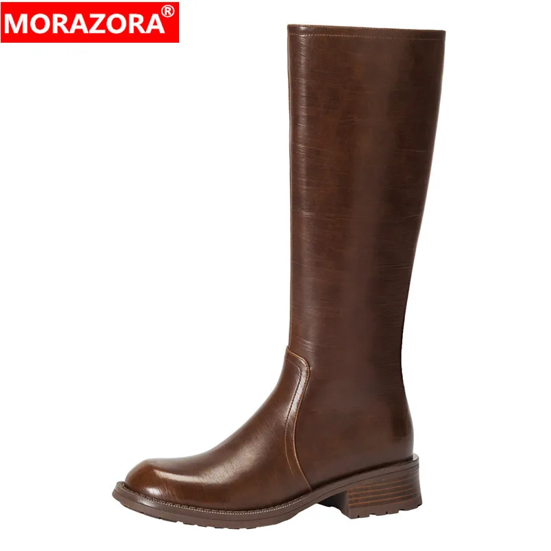 MORAZORA Size 34-41 Genuine Leather Knee High Boots Square Mid Heels Winter Boots Zipper Black Brown Knight Boots Ladies Shoes