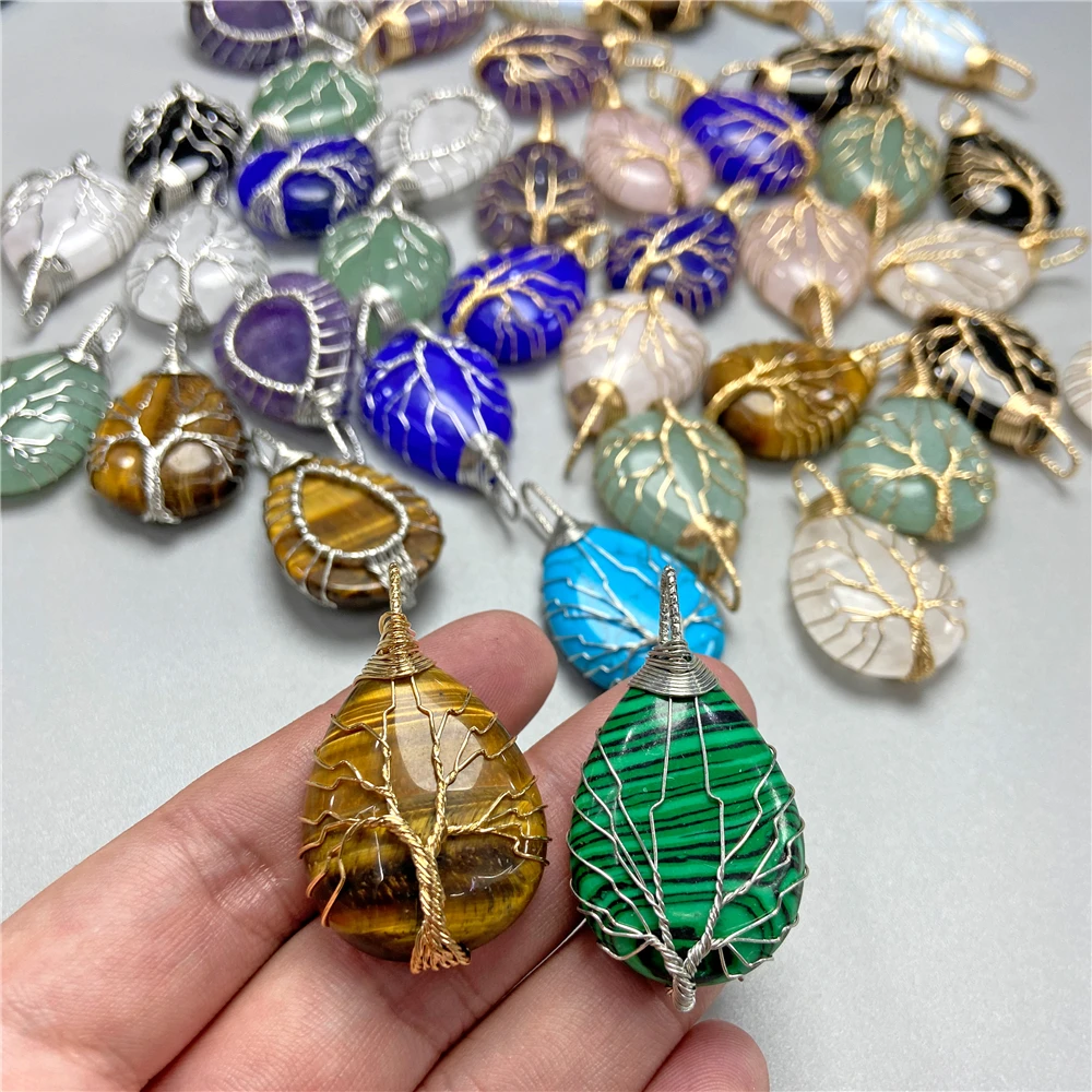1Pc Water Drop Shape Natural Stone Pendant Handmade Life Tree Charm Pendants Gold Silver Color Wire Wrap Pendant for DIY 24x41mm