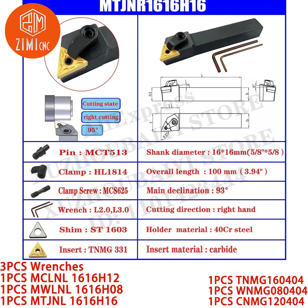Portaherramientas de torneado de carburo Indexable, insertos TNMG160404 WNMG080404 CNMG120404, MCLNL 1616H12 MWLNL 1616H08 MTJNL 1616H16, 3 piezas
