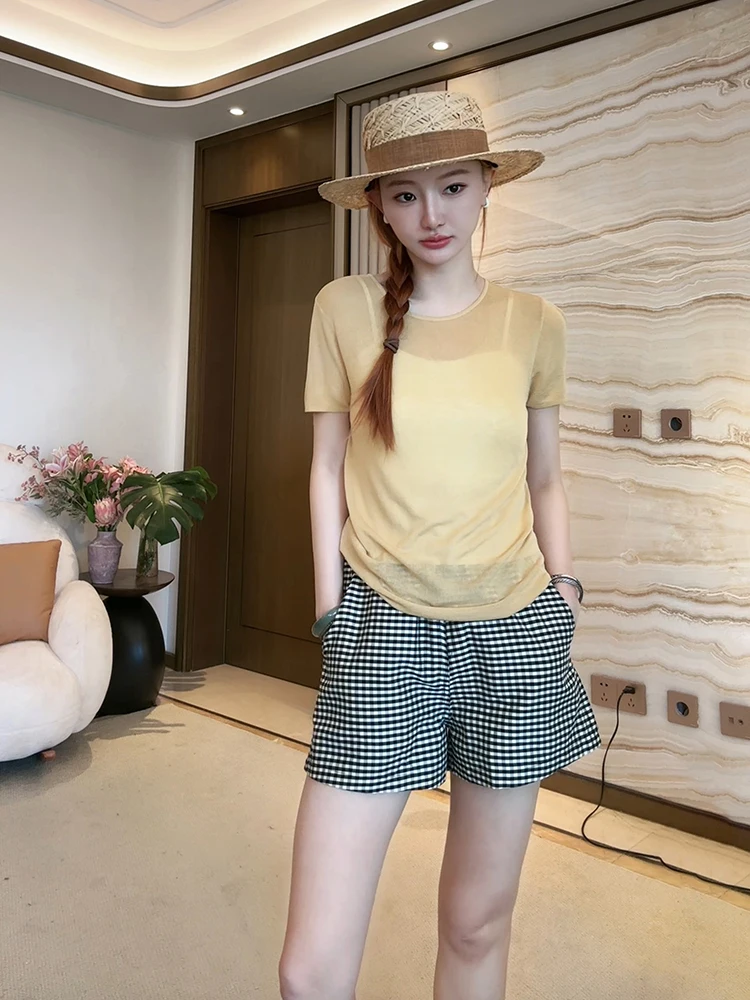 Silk Cotton Blend ort Sve round Ne T-irt Thin Summer Casual Sle Women's Faion Pure Color ZONE Brand T-irt