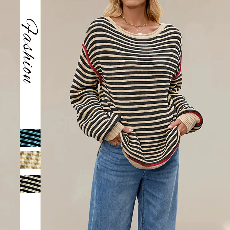 2026 New Autumn and Winter Women's Striped Knitted Top Crew Neck Pullover Loose Long Sleeve Sweater
