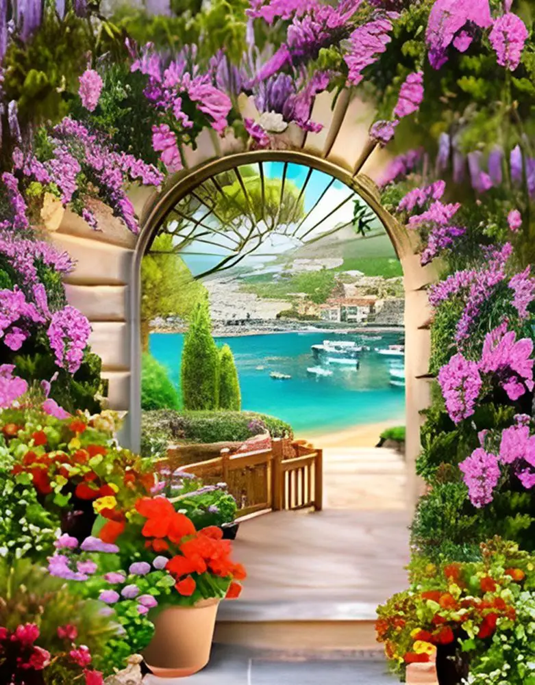 

Lilac Arch door Embankment Mediterranean Landscape flower sea backdrops computer print scenic Photography Studio Backgrounds