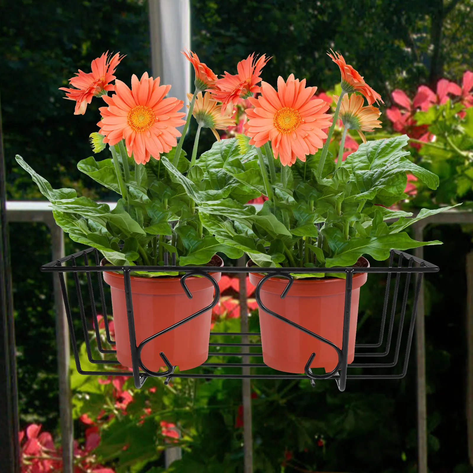 2Pcs Rust Resistant Iron Balcony Hanging Flowerpot Shelf Metal Railing Planter Holder Outdoor Garden Flowerpot Storage Rack