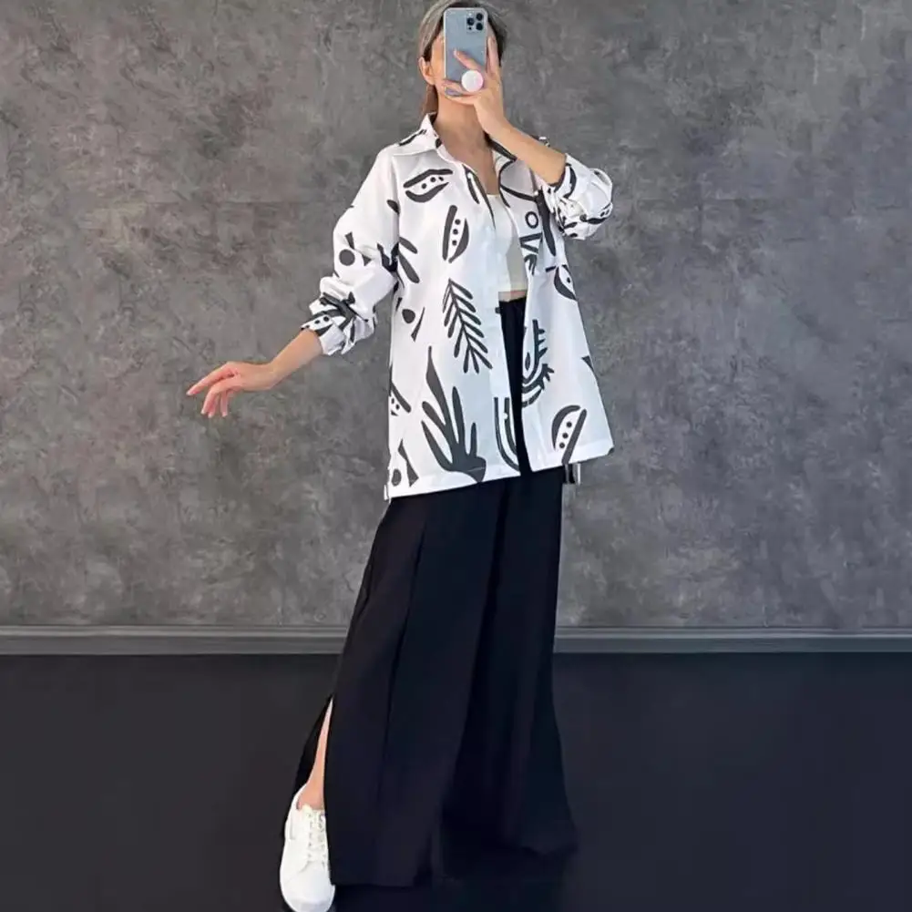 Long-sleeve Lapel Shirt Wide-leg Pants Set Women's Printed Shirt Pants Set with Lapel Collar Chest Pocket Casual Outfit