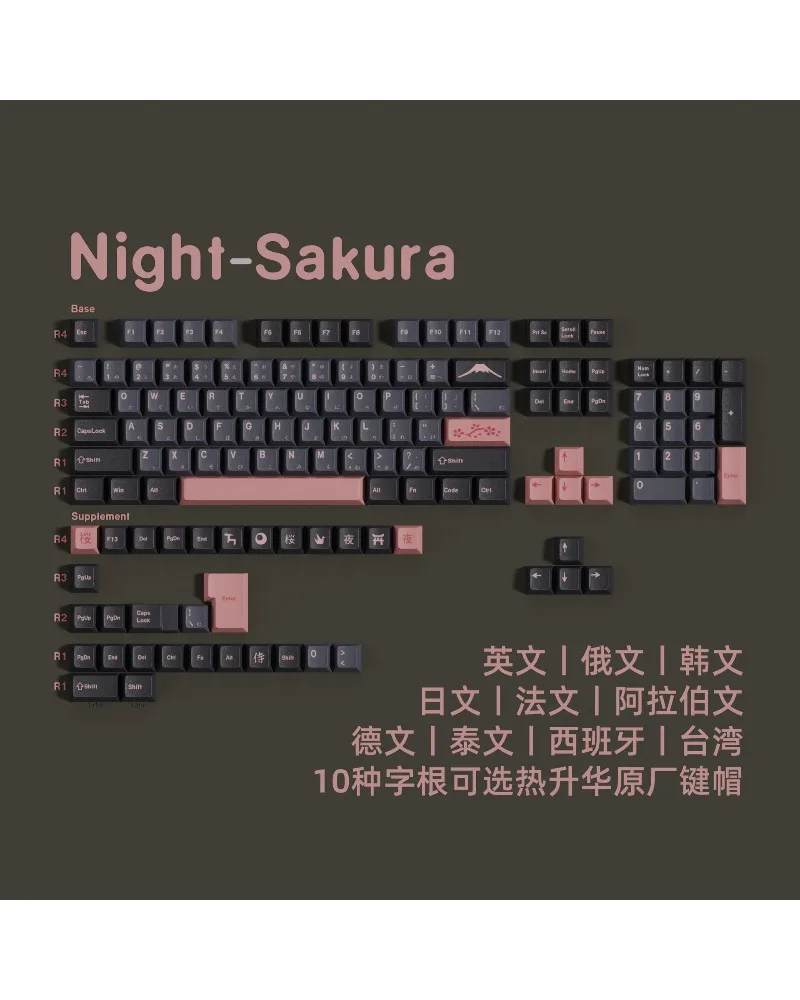 Original Night Cherry PBT Sublimation Keycap Cangjie Arabic Korean German French Spanish Cangjie Russian Small Language