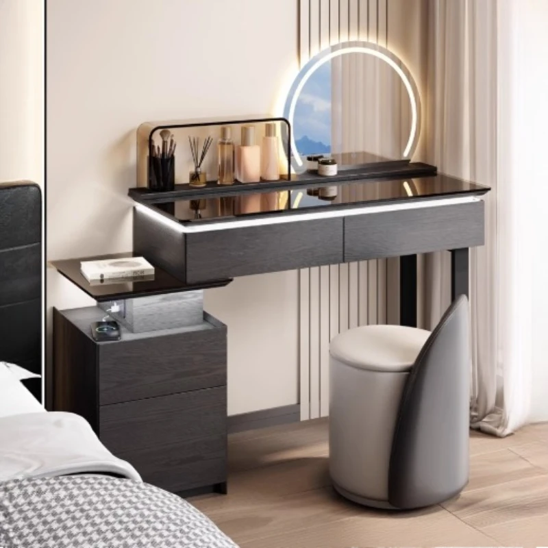 

Dressing table bedroom table integrated telescopic cabinet design makeup whith LED mirror light vanity stool bedroom furniture