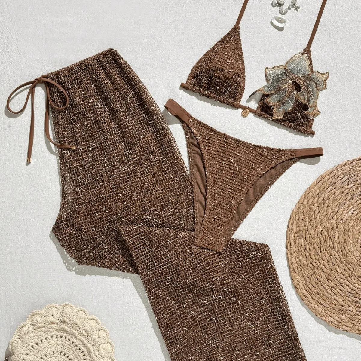Sparkly Mesh 3 Pieces Swimsuit Bikinis Set Halter Bikini Floral Embroidery High‑Waist Long Cover‑Up Trousers Women Beachwear