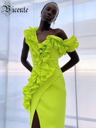 VC Women Sexy One Shoulder Ruffles Neon Green Split Maxi Long Bandage Maxi Dress Elegant Evening Club Party Cocktail Outfits