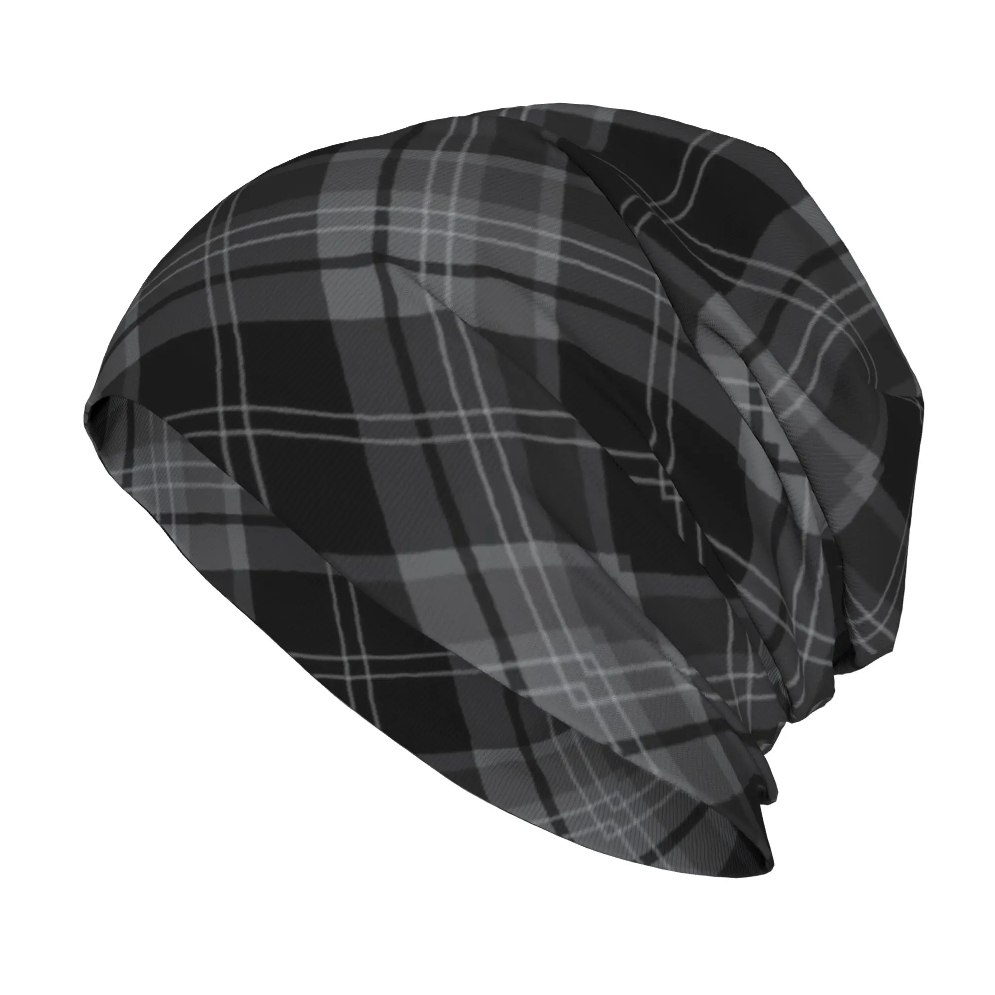Gray Black Plaid Check Tartan Pattern Skullies Beanies Hats  Summer Men Women Street Cap Warm Dual-use Bonnet Hat