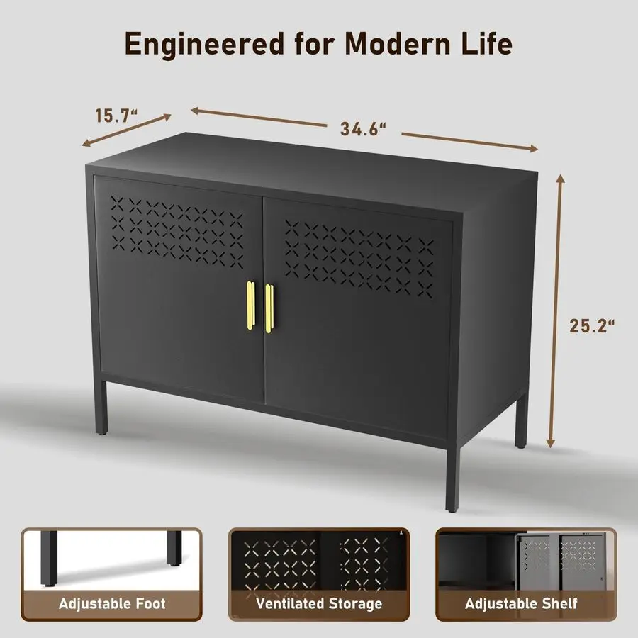 خزانة، خزانة تخزين معدنية مع بابين، إغلاق مغناطيسي، رف قابل للتعديل، حوامل تلفزيون، منضدة معدنية fo